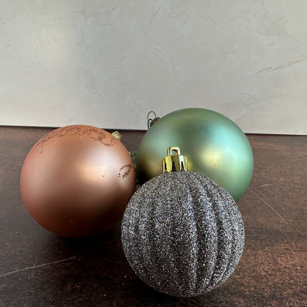 Vintage Christmas Ornaments Set of 3, Mercury Glass Style, Satin Green Copper an
